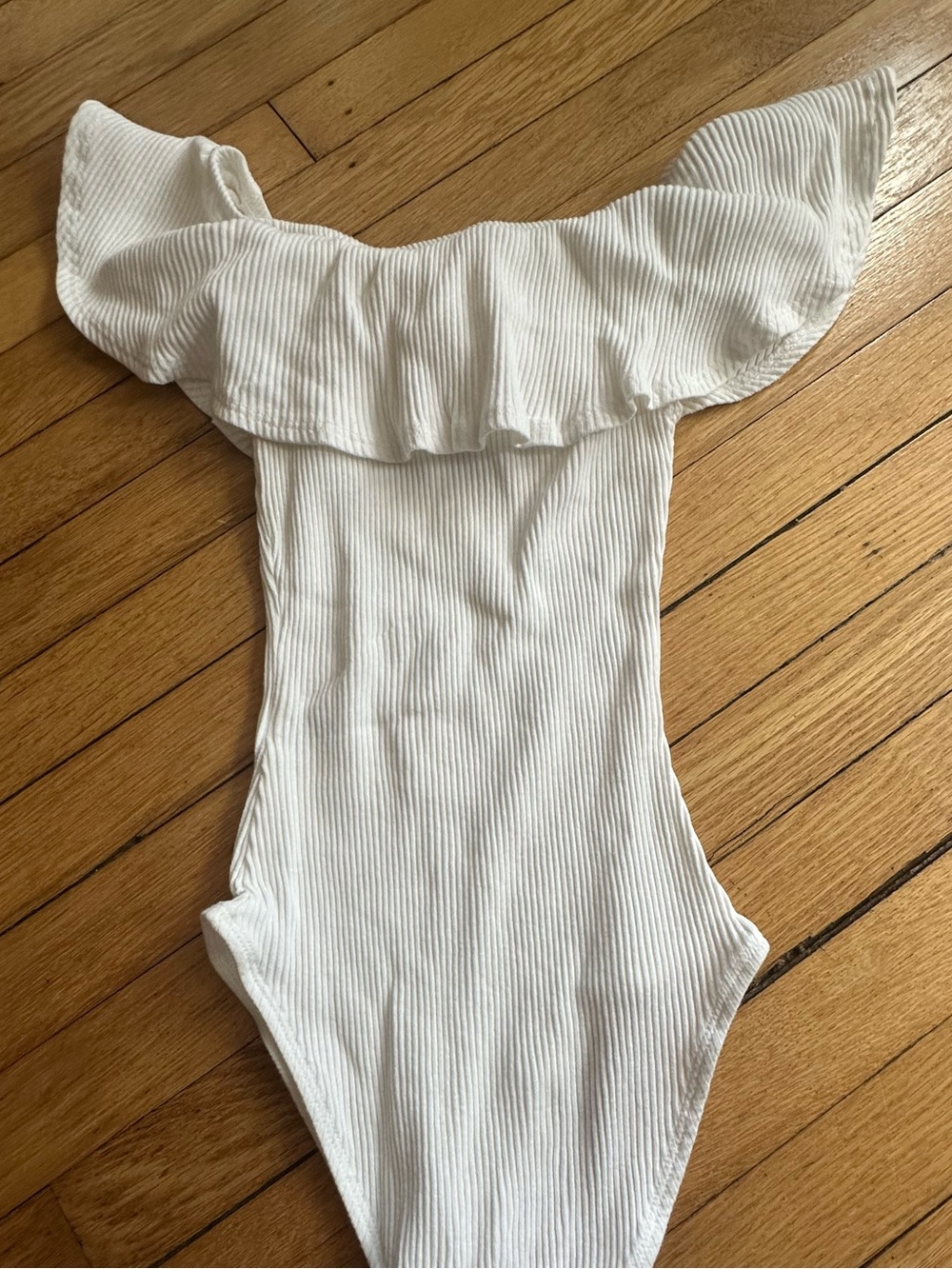 Ardene White Ribbed Ruffle-Neck One-Piece Bodysuit - Picture 3 of 3